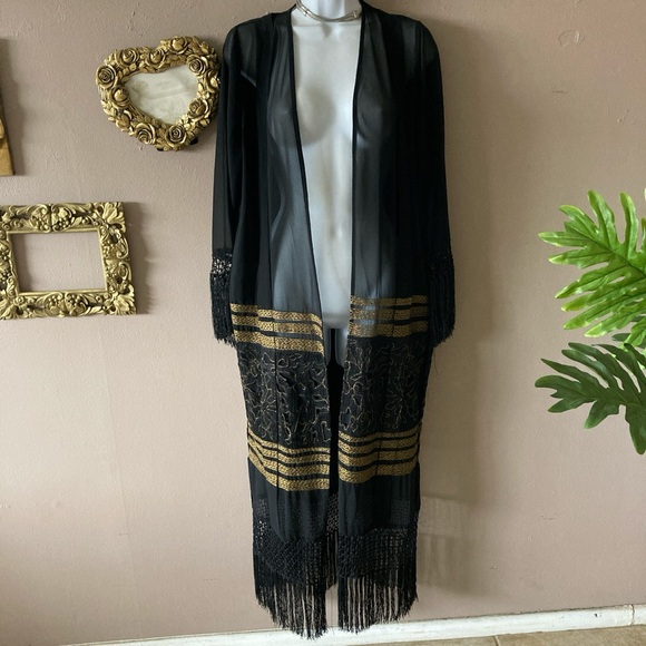 Free People Jackets & Blazers - Black and Gold Sheer Kimono